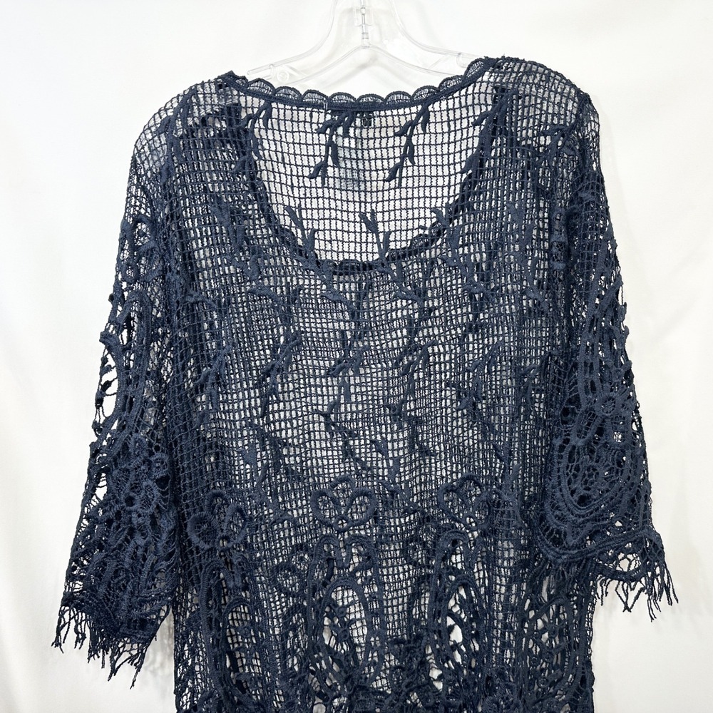 Catherines Plus Size 0X Lace Top Navy Blue Crochet Tunic Boho Witchy Gothic 179 - Picture 6 of 8